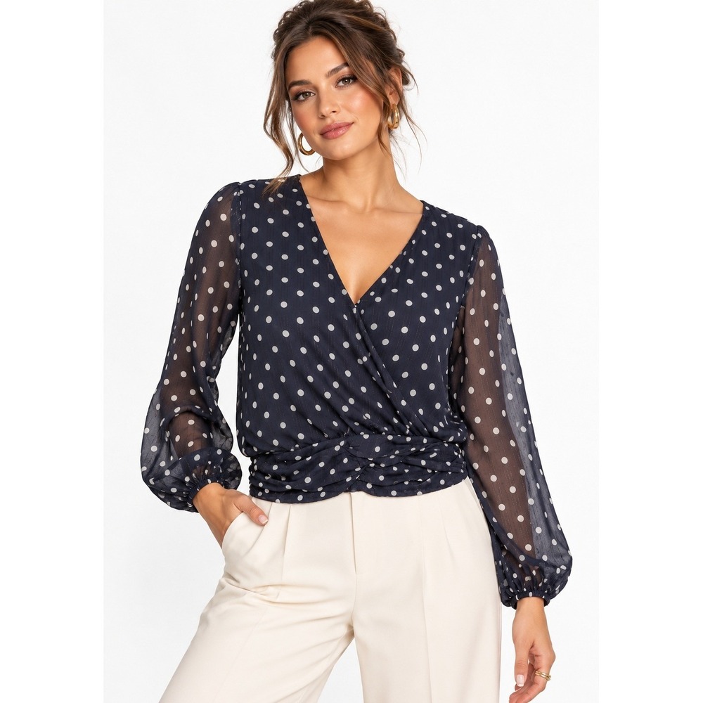 Nine Britton Inez Chiffon Smocked Bottom Blouse Navy Polka Dot Metallic SP NWT